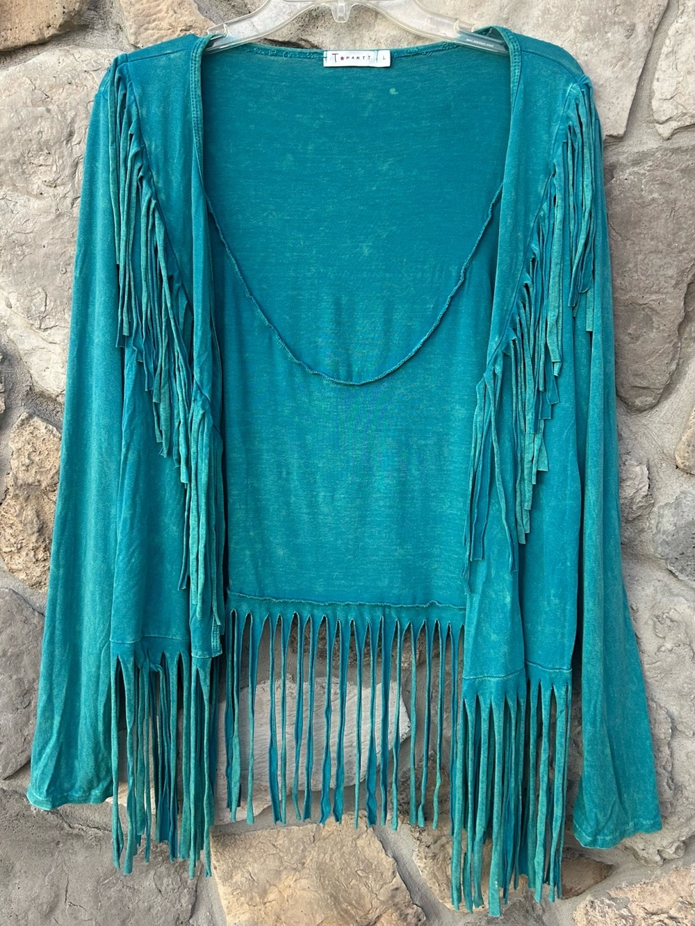 T Party Fringe Cardigan Size L Turquoise Blue Boho Western Festival Shabby Chic